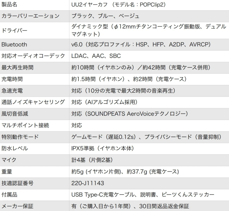 UU2イヤーカフ製品仕様