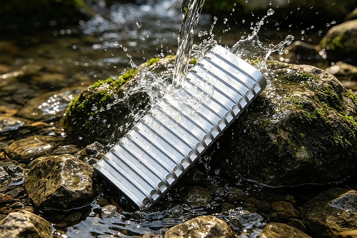 川の中の苔むした岩の上に置かれた銀色の機器に、勢いよく水が降り注いでいる様子