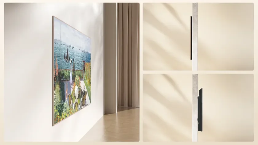 壁に額縁のように設置された薄型テレビが美しい絵画を表示しています。側面からのクローズアップでその薄さが強調されており、リビングなどのモダンな空間に調和するデザインが特徴です。