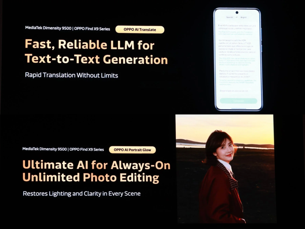 OPPO Find X9シリーズのAI機能を宣伝するプレゼンテーションスライドです。AI翻訳による高速なテキスト生成と、AIポートレートグローによる無制限の写真編集機能が紹介されており、夕日を背景にした女性のポートレート写真も表示されています。