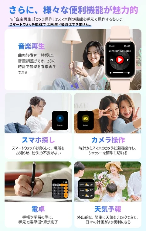 スマートウォッチの様々な便利機能を紹介する広告画像。