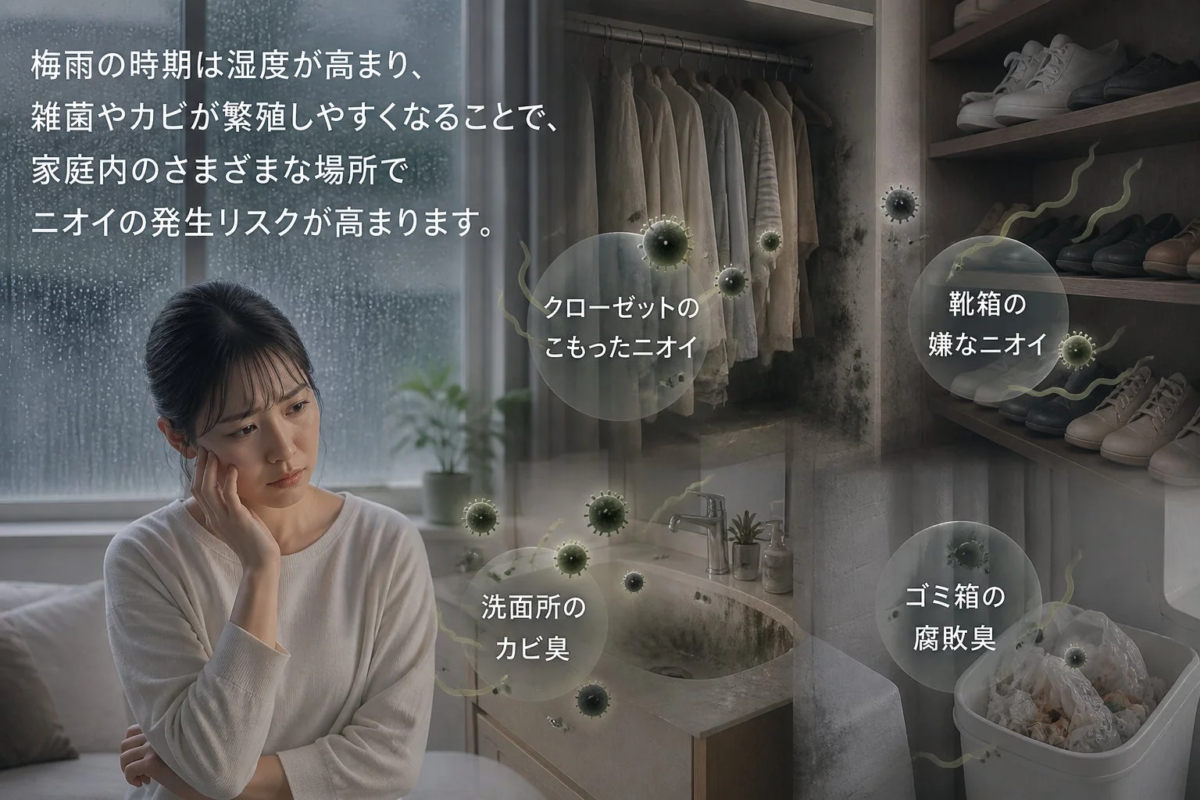 梅雨時の高湿度による家庭内のカビ・雑菌繁殖とニオイの発生リスク