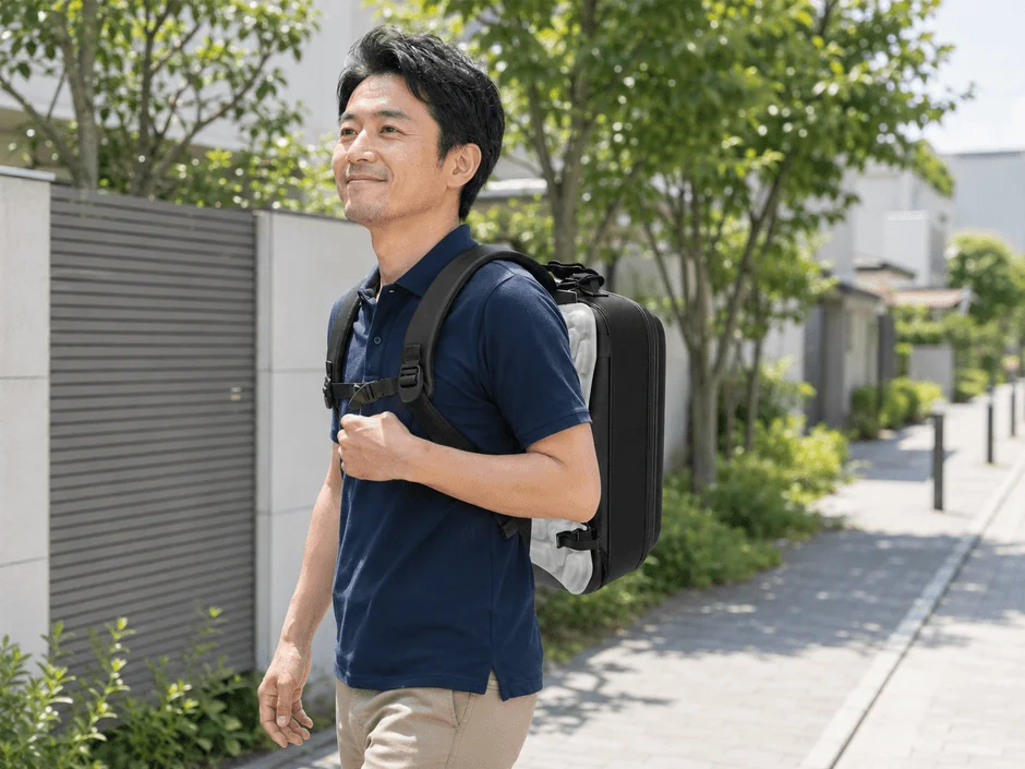 ウォーキングする男性とバックパック