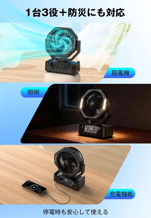 扇風機、照明、充電機能の3役と防災対応