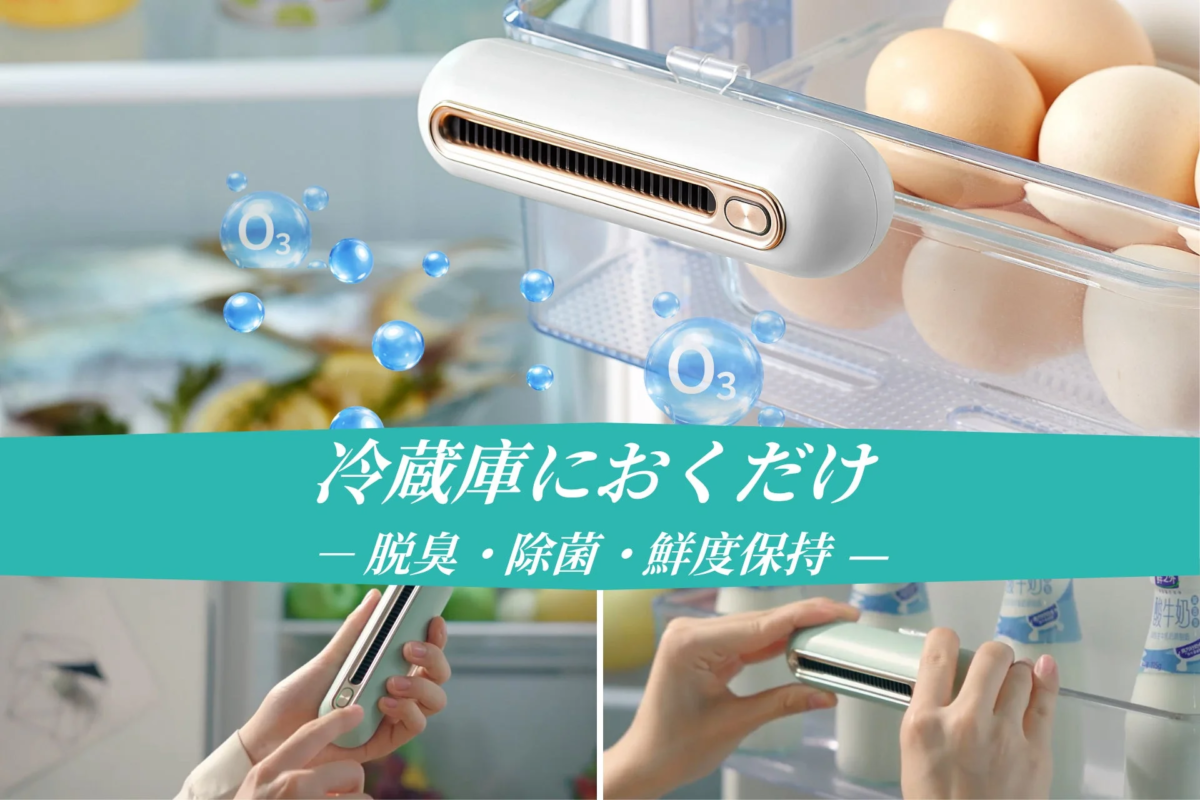 冷蔵庫に設置する小型の脱臭・除菌・鮮度保持装置を紹介する画像です。