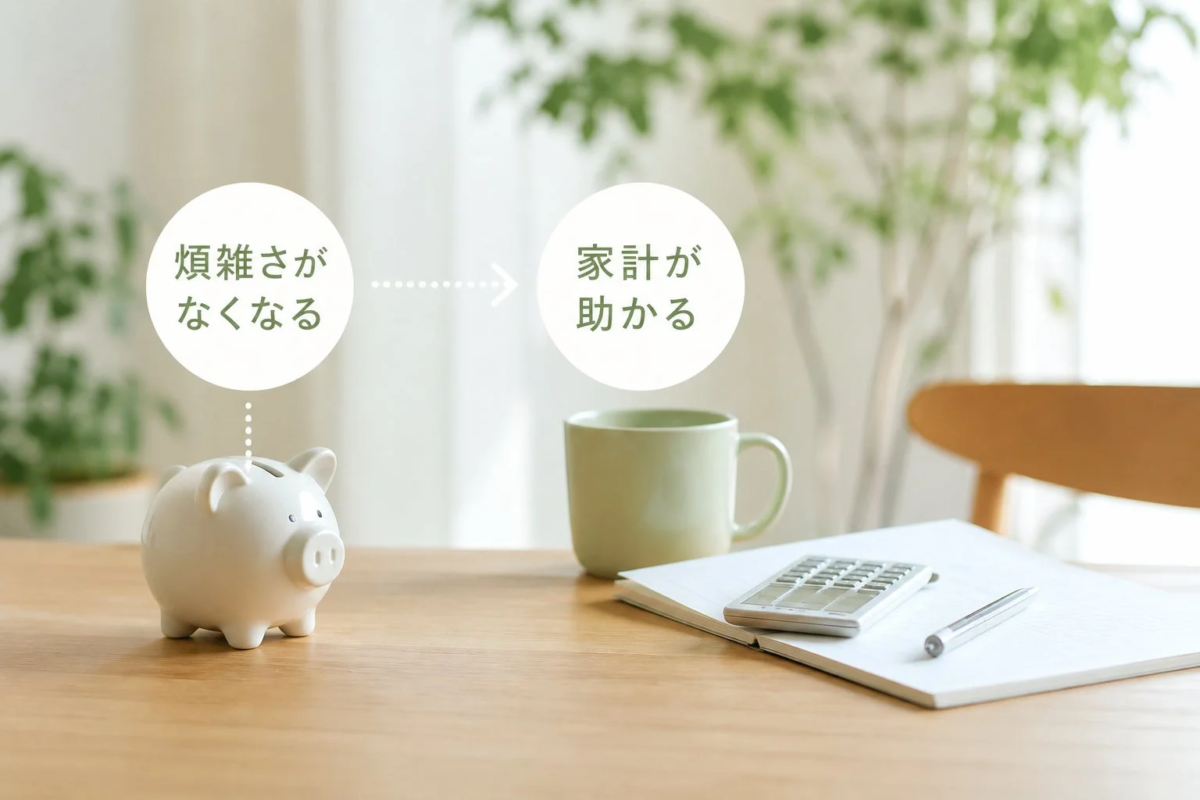 豚の貯金箱、電卓、ノート、ペンが置かれた机の上の画像で、「煩雑さがなくなる」ことから「家計が助かる」というメッセージが示されています。