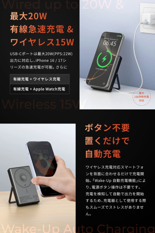最大20W有線急速充電とワイヤレス15W対応、自動充電