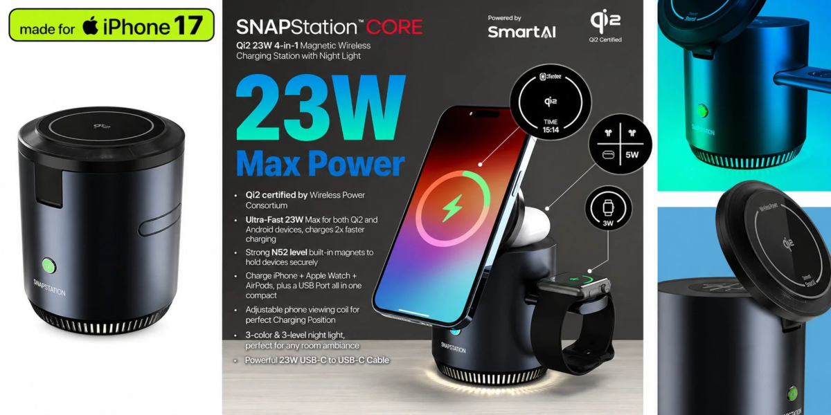 iPhone 17対応のSNAPStation CORE Qi2 23W 4-in-1ワイヤレス充電ステーション
