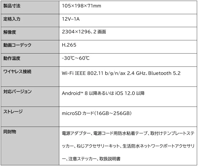 Xiaomi 屋外カメラ CW100 Dual スペック概要