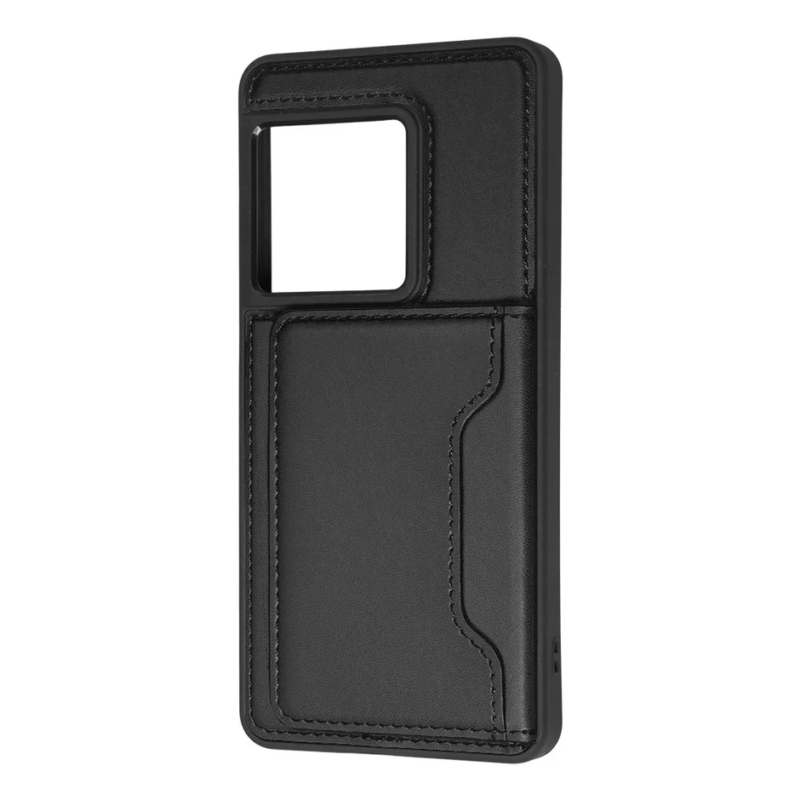 黒色のスマートフォンケースです。背面にはカード収納ポケットが付いています。