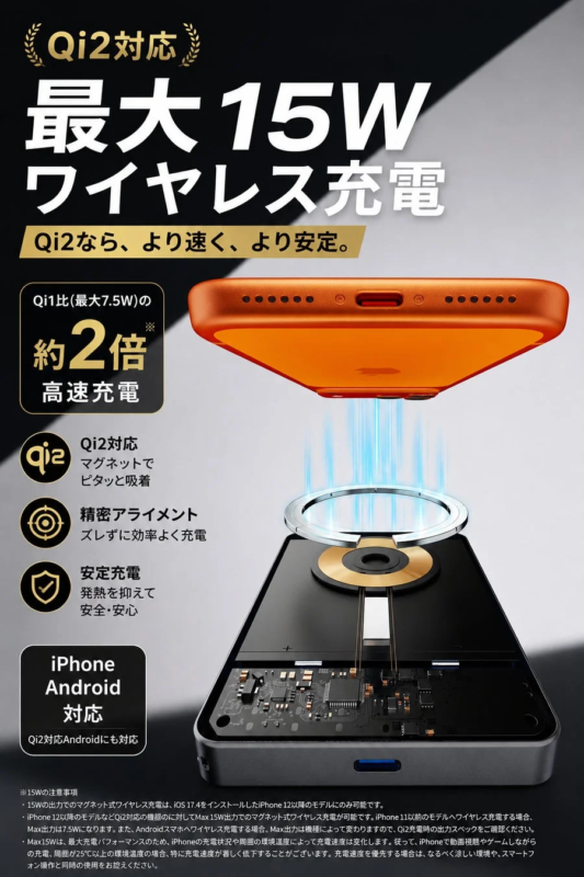 Qi2対応15Wワイヤレス充電