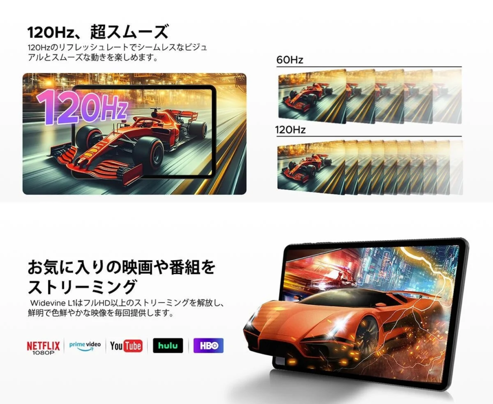 13.4インチ大画面・120Hz高リフレッシュレート