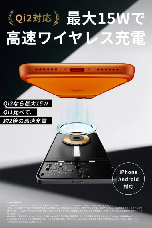 Qi2対応 最大15W高速ワイヤレス充電