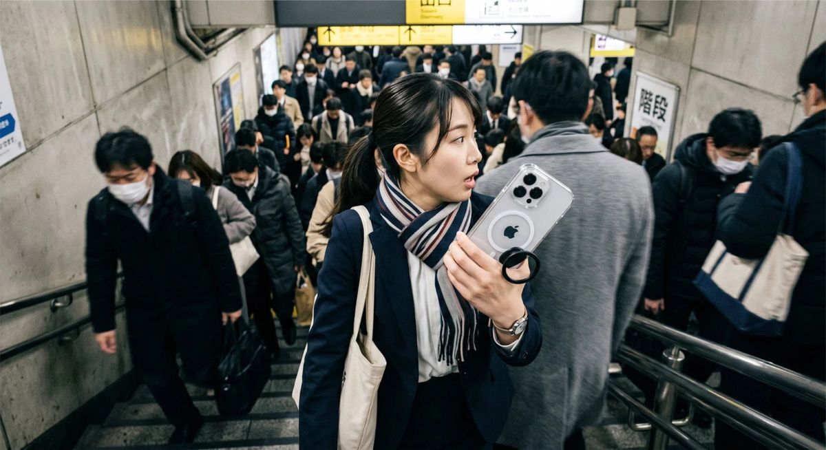 駅の階段でスマートフォンを持つ女性