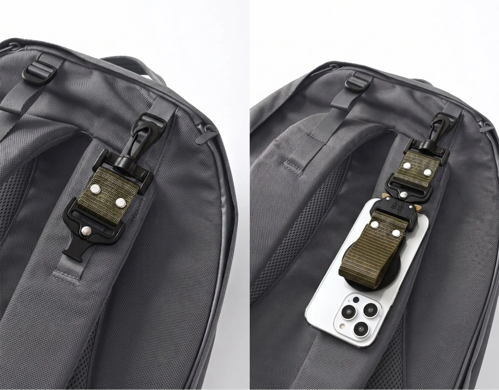 バックパックに装着されたスマートフォンホルダー