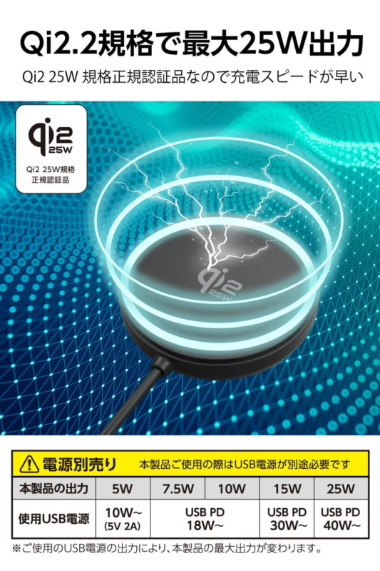 Qi2.2規格で最大25W出力