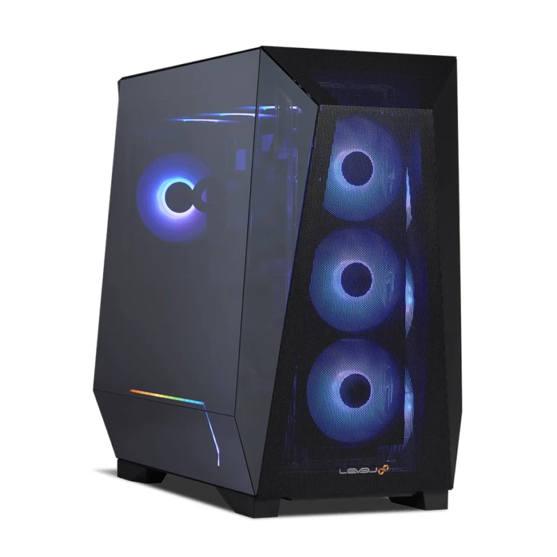 青いRGBファンと透明なサイドパネルが特徴の黒いゲーミングPCケース
