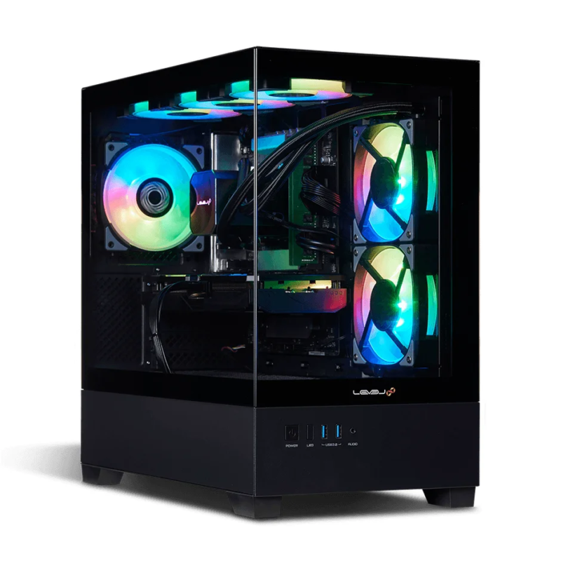 透明なサイドパネルから内部のRGBライティングが鮮やかな冷却ファンが見える黒いゲーミングPC