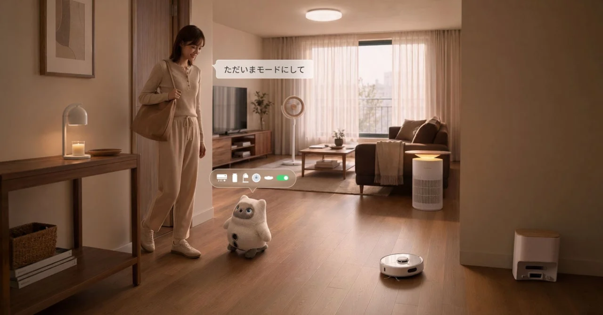女性がスマートホームロボットに「ただいまモードにして」と話しかけている様子