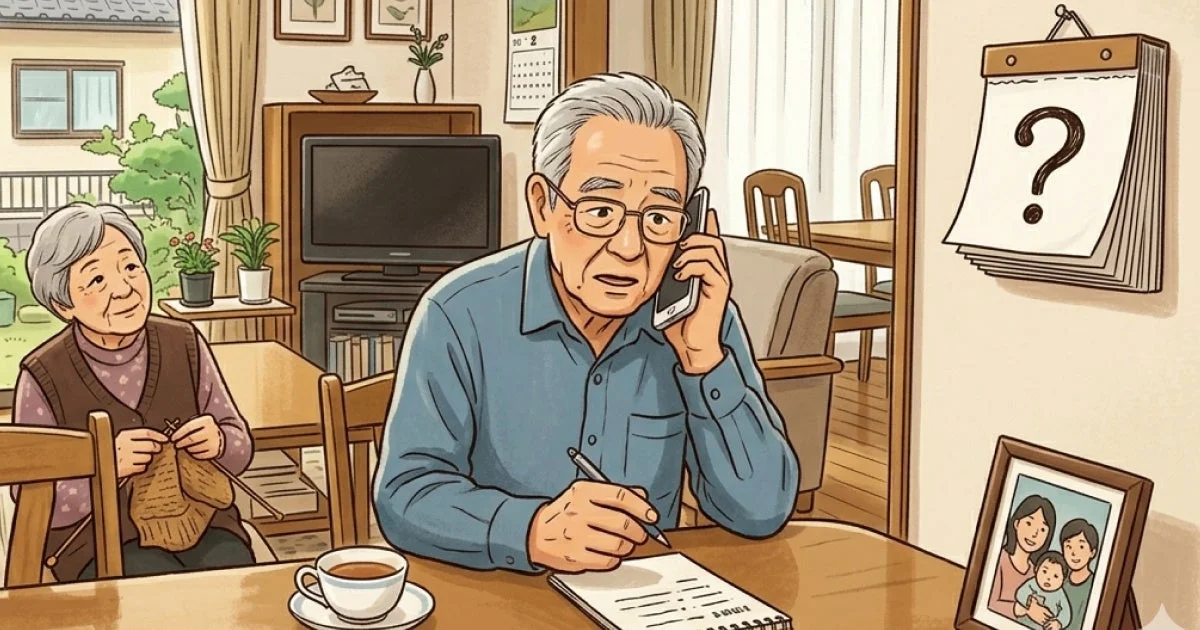 高齢者夫婦が電話で話している様子
