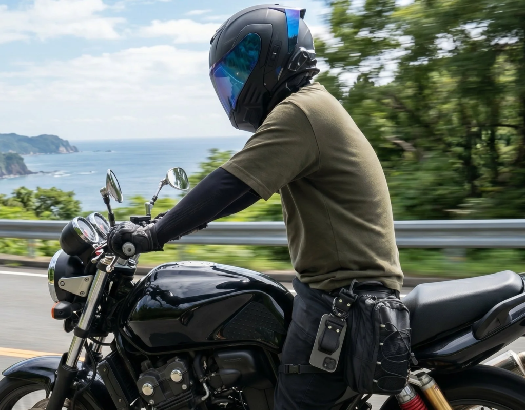 海岸線をバイクでツーリングするライダー