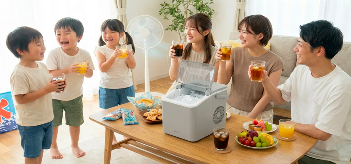 家族で製氷機を囲む