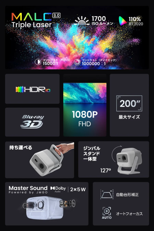 MALC 3.0 Triple Laser 1700 ISO ルーメン 110% BT.2020 コントラスト (FOFO) 15000:1 コントラスト (ダイナミック) 1000000:1 HDR10 Blu-ray 3D 1080P FHD 200" 最大サイズ 持ち運べる ジンバルスタンド一体型 127° Master Sound Dolby Audio 2×5W Powered by JMGO 自動台形補正 オートフォーカス AUTO
