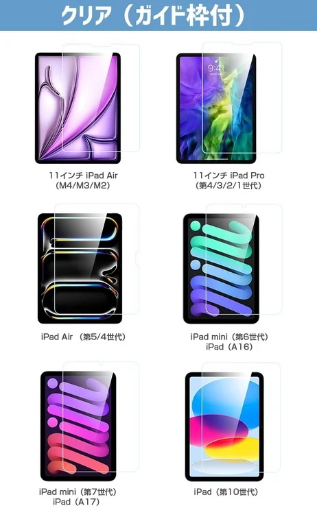 この画像は、様々なiPadモデルに対応するクリアタイプのスクリーンプロテクターを紹介しています。11インチiPad Air、11インチiPad Pro、iPad Air、iPad mini、iPadなど、各モデルと世代が明記されており、ガイド枠付きであることがわかります。