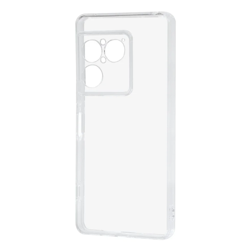 白い背景に置かれた透明なスマートフォンケースです。