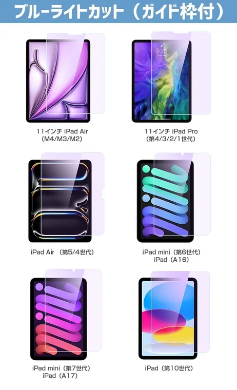 この画像は、ブルーライトカット機能とガイド枠付きのiPad用保護フィルムを紹介しています。11インチiPad Air、11インチiPad Pro、iPad Air、iPad mini、iPad第10世代など、様々なモデルに対応した製品が一覧で示されています。