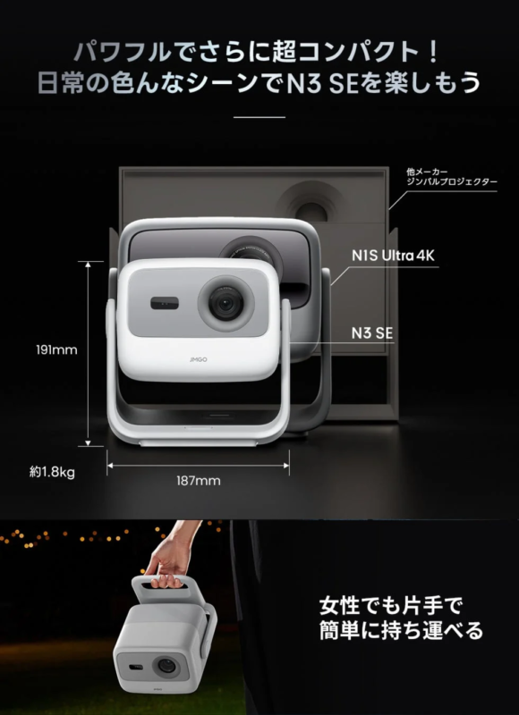 パワフルでさらに超コンパクト!日常の色んなシーンでN3 SEを楽しもう 他メーカー ジンバルプロジェクター N1S Ultra 4K N3 SE 191mm 約1.8kg 187mm JMGO 女性でも片手で簡単に持ち運べる