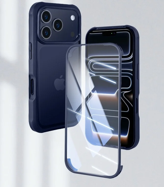 ネイビーカラーのiPhone用スマートフォンケースの製品写真です。