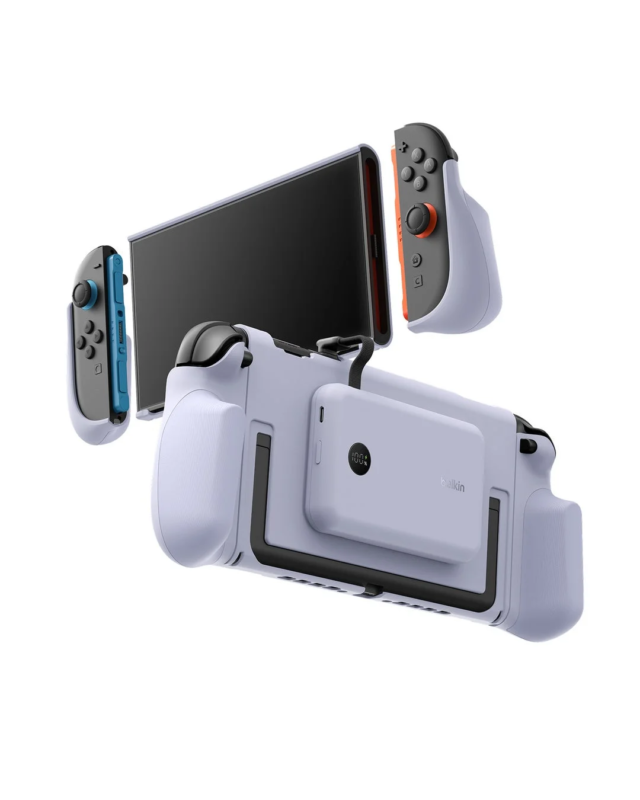 Nintendo Switch 2に装着された充電グリップとモバイルバッテリー