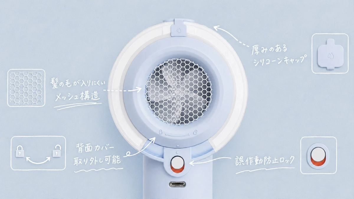 水色のポータブル扇風機の製品説明画像。髪の毛が絡みにくいメッシュ構造、厚みのあるシリコーンキャップ、取り外し可能な背面カバー、誤作動防止ロックといった特徴が図解されています。