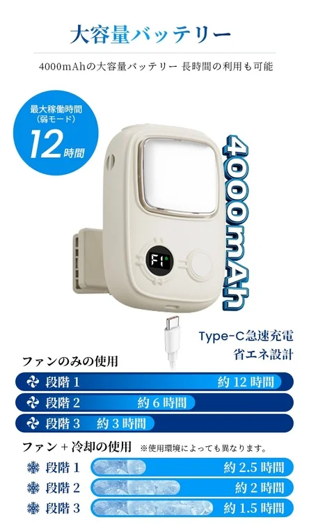 4000mAhバッテリーとUSB Type-C充電