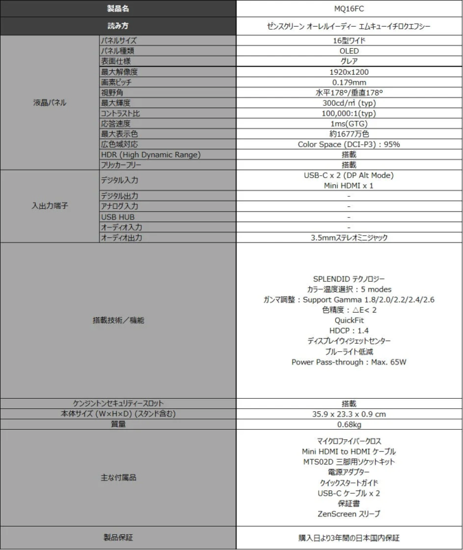 MQ16FC ZenScreen OLEDポータブルモニターの製品仕様表。16型OLEDパネル、1920x1200解像度、USB-C/Mini HDMI端子、SPLENDID技術、付属品、3年保証などが記載されている。