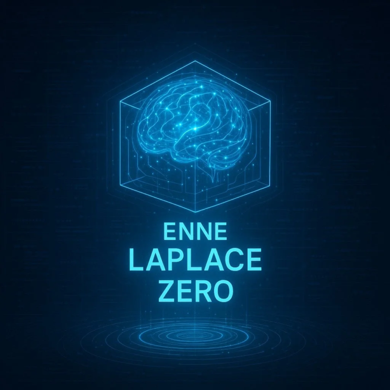 青い光で表現されたデジタルな脳が立方体のフレームに収められ、「ENNE LAPLACE ZERO」というテキストが配置された、AIやテクノロジーを想起させる画像です。