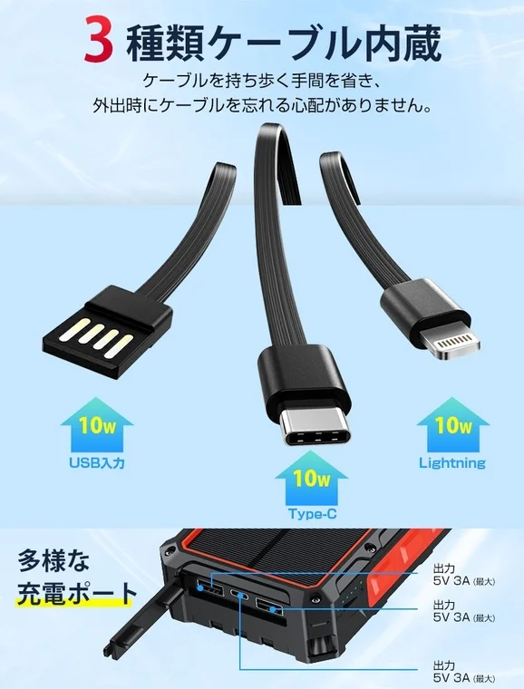 3種類のケーブルを内蔵したモバイルバッテリー