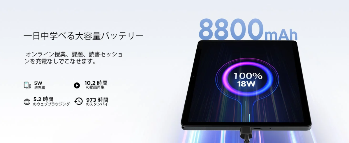 8800mAhの大容量バッテリーを搭載したタブレットの広告