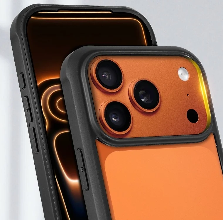 オレンジ色の背面と黒い保護ケースに収まったスマートフォンのクローズアップ画像です。