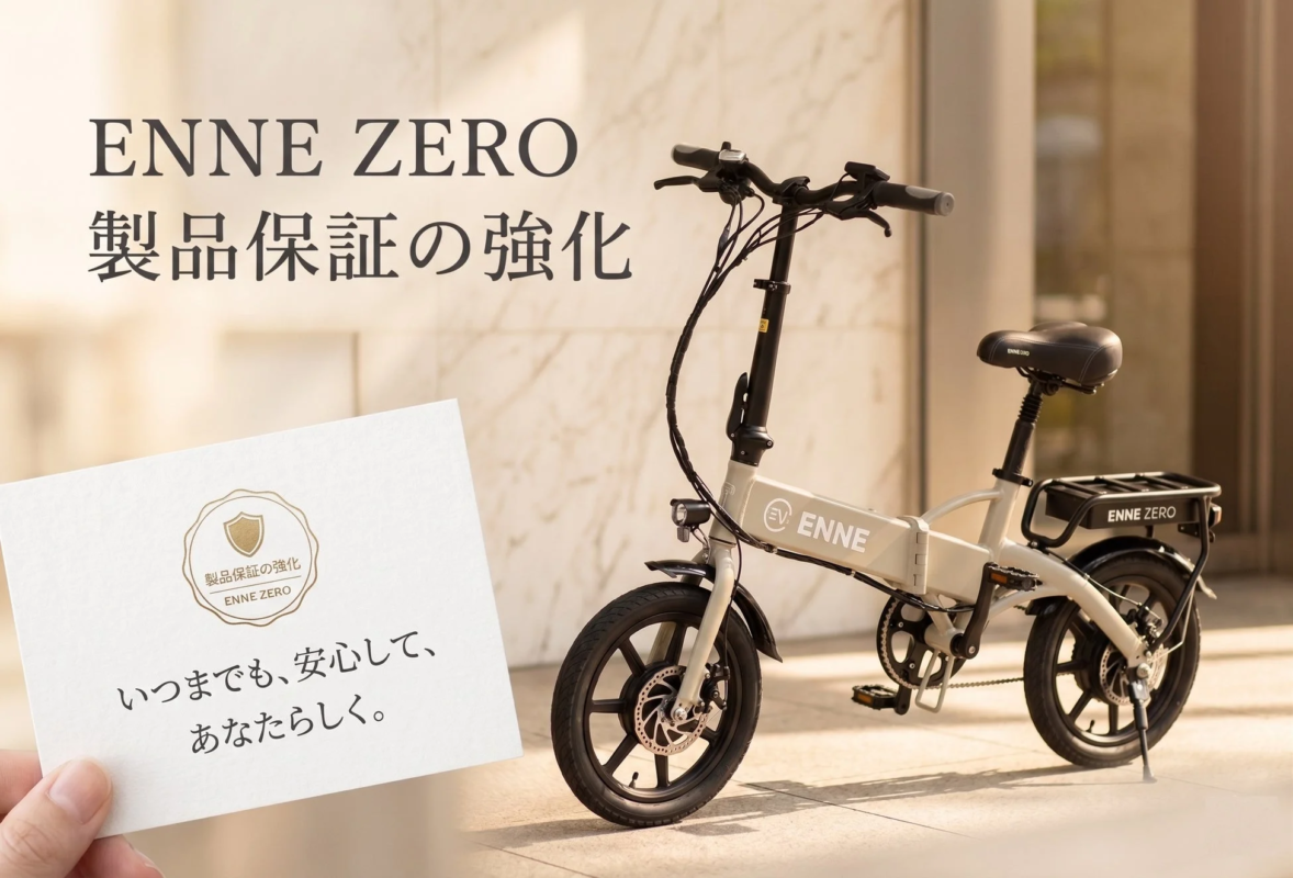 ENNE ZEROブランドの電動折りたたみ自転車が屋外に置かれ、製品保証の強化を伝えるカードが手で持たれています。安心感をアピールするプロモーション画像です。