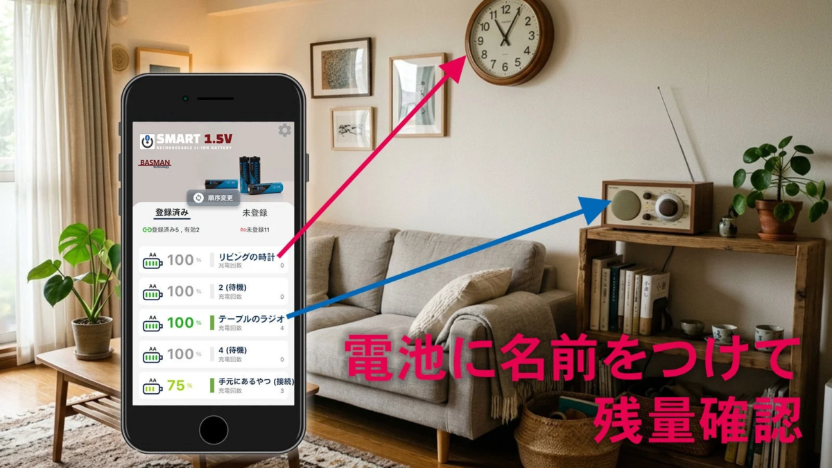 アプリ画面での電池管理