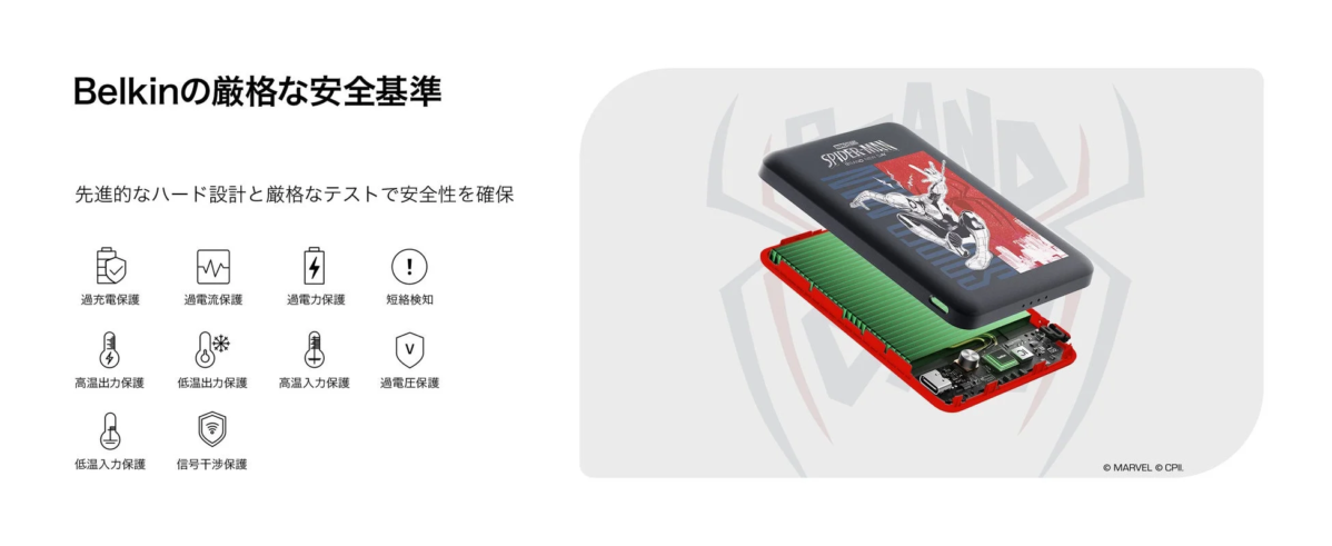Belkinの厳格な安全基準と、スパイダーマンデザインのモバイルバッテリー
