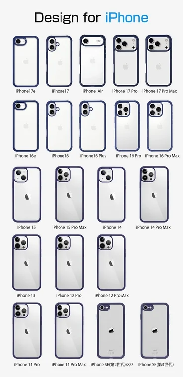 様々なiPhoneモデルに対応するクリアケースのデザインを一覧で示した画像です。
