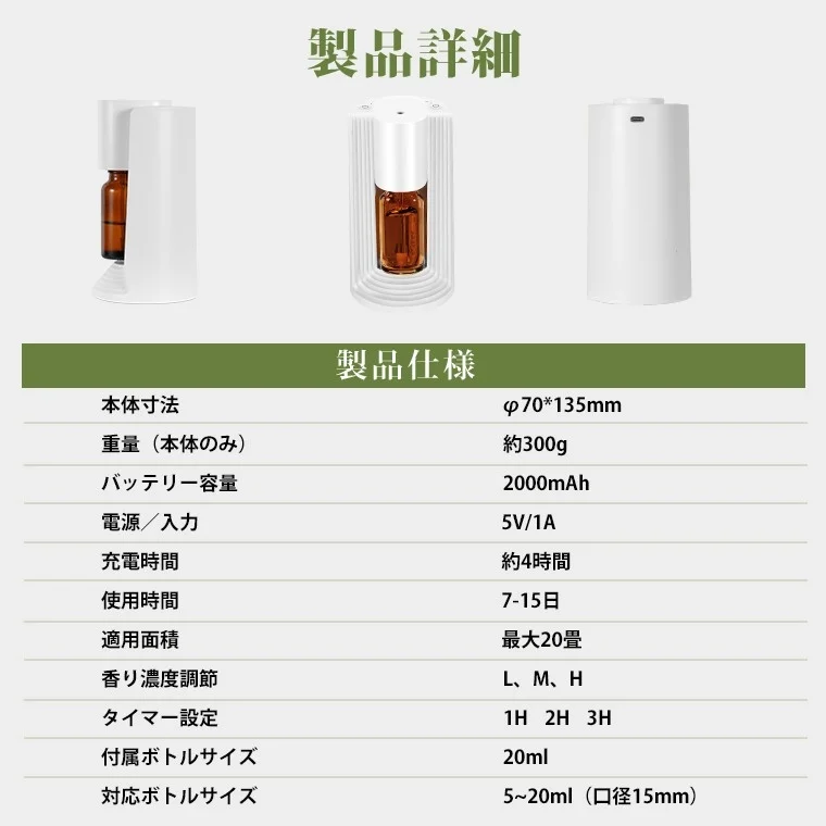 この画像は、白い円筒形のアロマディフューザーの製品詳細と仕様を示しています。本体寸法、重量、バッテリー容量、充電時間、使用時間、適用面積、香り濃度、タイマー設定、ボトルサイズなどの情報が記載されています。