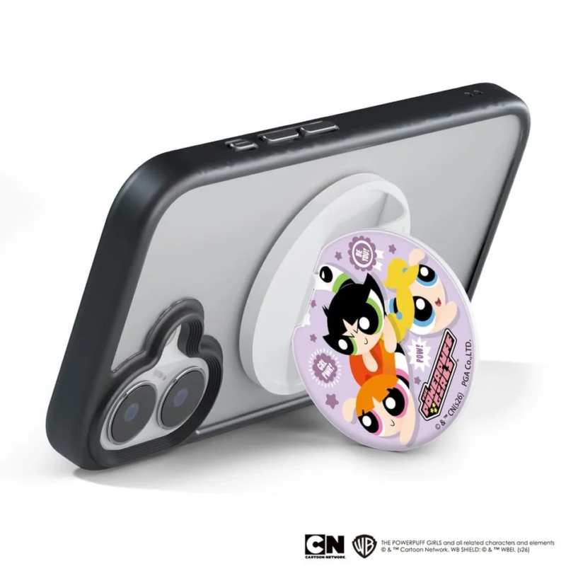 スマホに装着されたグリップ、スタンド機能