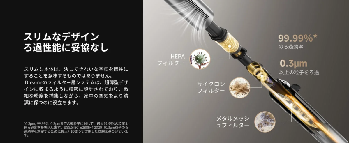 Dreameの掃除機はスリムなデザインながら多層ろ過システム