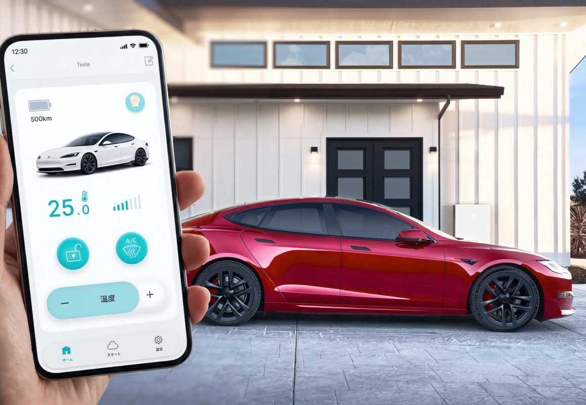 HomeLinkアプリでテスラ車とスマートホームを操作する様子