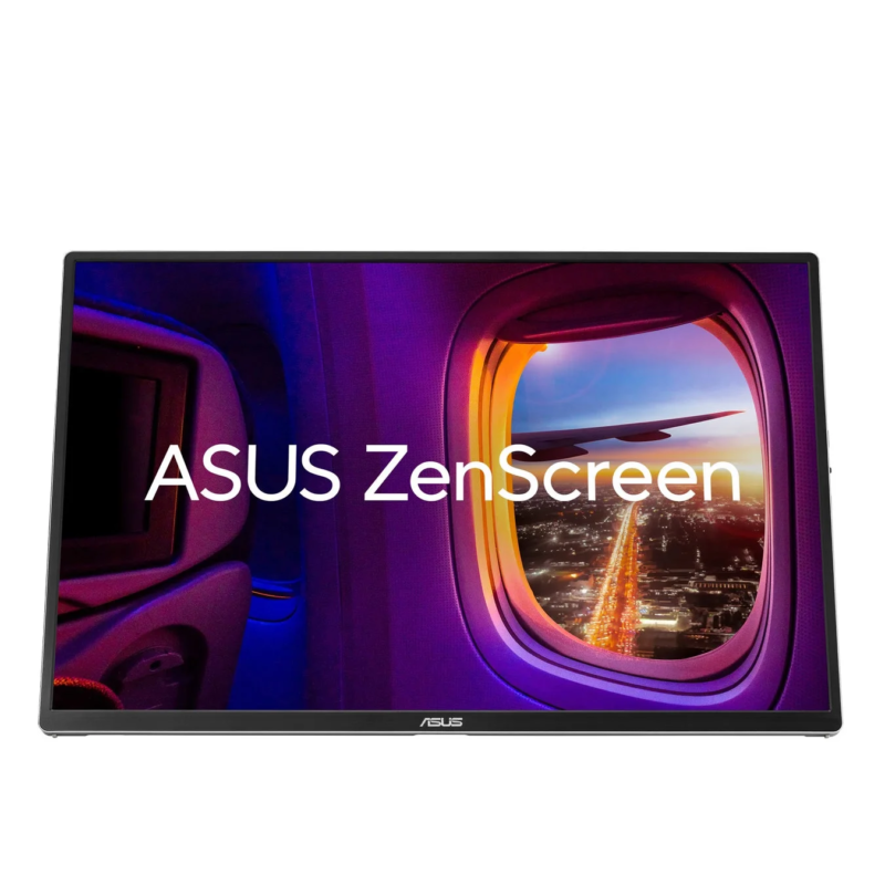 ASUS ZenScreenポータブルモニターが白い背景に置かれており、画面には飛行機の窓から見える都市の夜景が映し出されています。