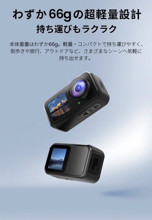 わずか66gの超軽量設計アクションカメラ